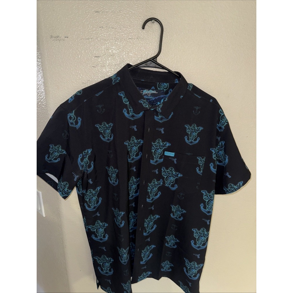 Retro Rifle Shirt Mens XL Glocktopus Black Blue Guns Anchor Octopus Hawaiian